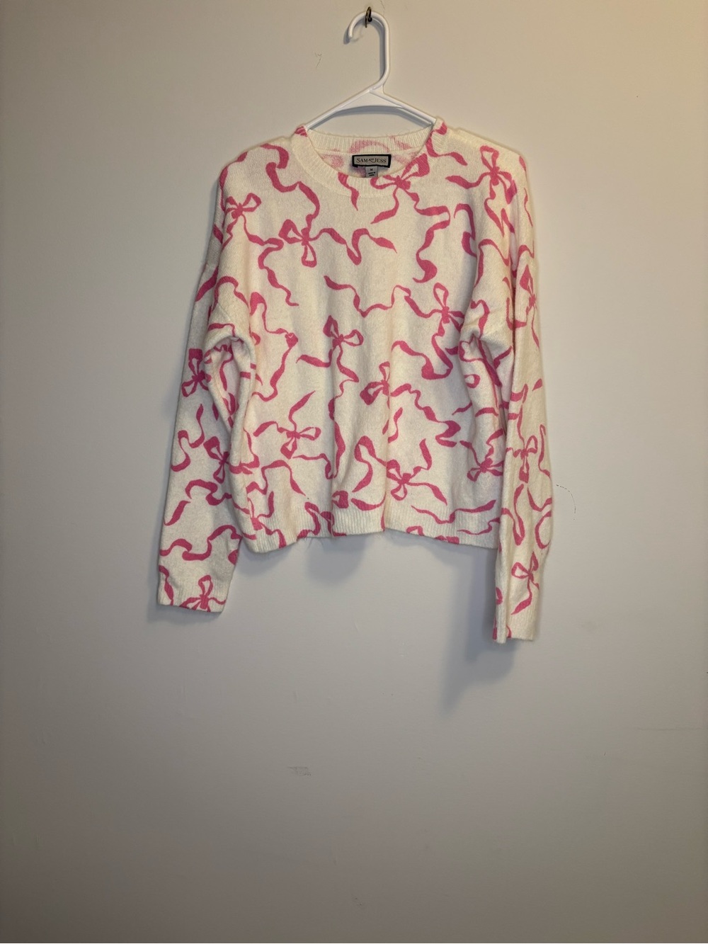 Sam and Jess Cream Crewneck Sweater with Pink Ribbon Motif